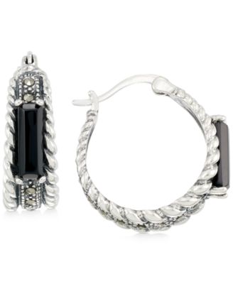 Macy's - Onyx (3-1/2 x 9-1/2mm) & Marcasite Hoop Earrings in Sterling Silver
