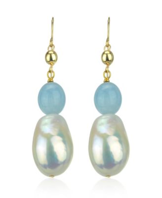 Macy's - White Cultured High Pearl (11-14mm) and Blue Aquamarine (9-1/2 ct. t.w.) Dangle Earrings in 14k Yellow Gold
