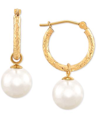 Macy's - Cultured Freshwater Pearl (9mm) Dangle Hoop Earrings in 14k Gold
