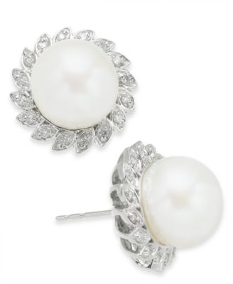 Macy's - Cultured Freshwater Pearl (10mm) & Diamond (1/4 ct. t.w.) Halo Stud Earrings in 10k White Gold