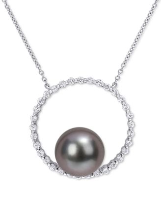 Macy's - Black Cultured Tahitian Pearl (9-1/2mm) Circle 17" Pendant Necklace in 10k White Gold