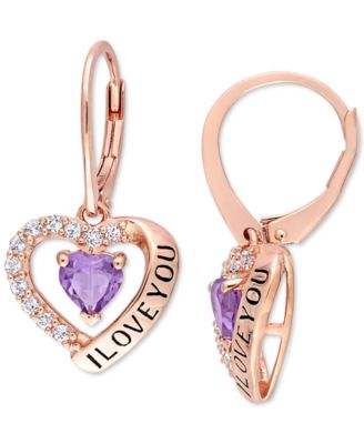 Macy's - Amethyst (4/5 ct. t.w.) & White Topaz (5/8 ct. t.w.) Heart "I Love You" Leverback Drop Earrings in 18k Rose Gold-Plated Sterling Silver
