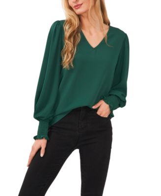 CeCe - Solid Smocked-Cuff V-Neck Charmeuse Blouse