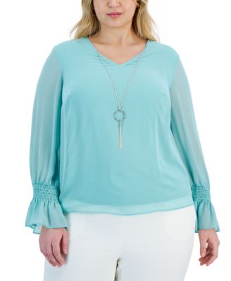 JM Collection - Plus Size Smocked-Sleeve Necklace Top