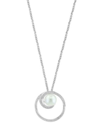 EFFY Collection - Freshwater Pearl (8-1/2mm) & Diamond (1/3 ct. t.w.) Swirling Circle 18" Pendant Necklace in Sterling Silver