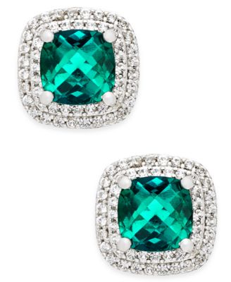 Macy's - Lab-Created Emerald (1-1/3 ct. t.w.) and White Sapphire (1/3 ct. t.w.) Square Stud Earrings in Sterling Silver
