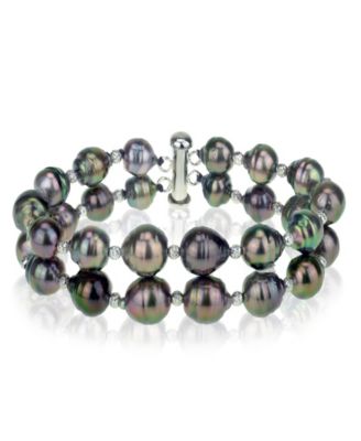 Macy's - Black Tahitian Cultured Pearl (8-10 mm) Double-Row Bracelet in Sterling Silver