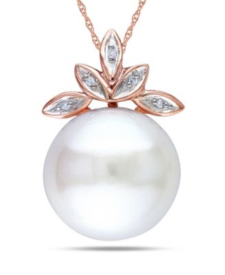 Macy's - Freshwater Cultured Pearl (11.5-12mm) and Diamond Accent Leaf 17" Necklace in 10k Rose Gold