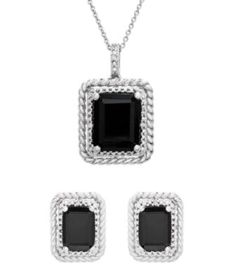 Macy's - Onyx and Diamond (1/20 ct. t.w.) Box Set (Pendant & Earrings) in Sterling Silver