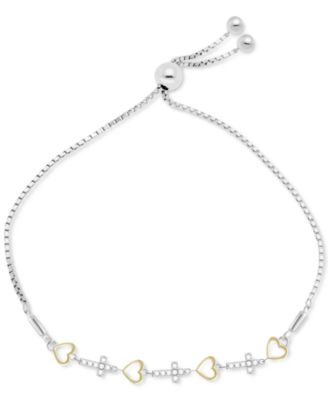 Macy's - Diamond Heart & Cross Bolo Bracelet (1/6 ct. t.w.) in Sterling Silver & Gold-Plated Sterling Silver