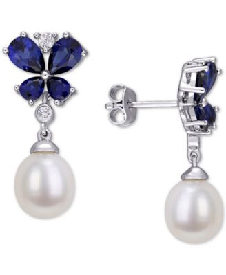 Macy's - Cultured Freshwater Pearl (8mm) & Lab-Created Blue & White Sapphire (3-3/4 ct. t.w.) Butterfly Drop Earrings in Sterling Silver