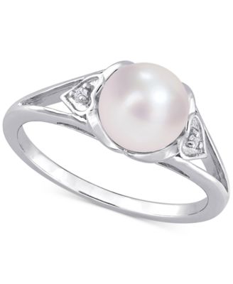 Macy's - Cultured Freshwater Pearl (7mm) & Diamond Accent Heart Shoulder Ring in Sterling Silver
