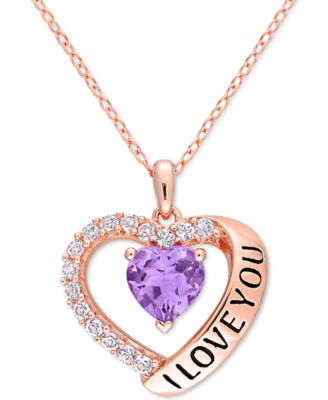 Macy's - Amethyst (1 ct. t.w.) & White Topaz (5/8 ct. t.w.) "I Love You" 18" Heart Pendant Necklace in 18k Rose Gold-Plated Sterling Silver