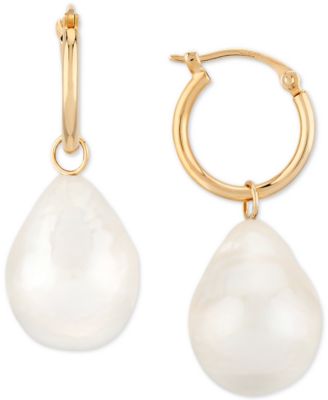 Macy's - Cultured Freshwater Baroque Pearl (12mm) Dangle Hoop Earrings in 14k Gold