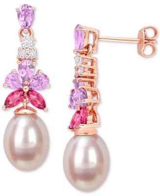 Macy's - Pink Cultured Freshwater Oval Pearl & Multi-Gemstone (2-1/3 ct. t.w.) Drop Earrings in 18k Rose Gold