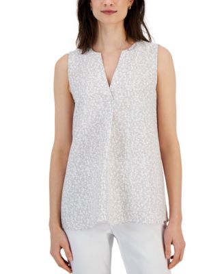 Alfani - Women's Printed Split-Neck Linen-Blend Top