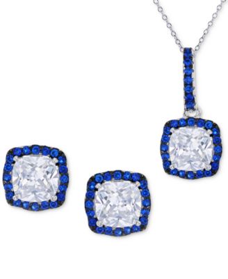 Macy's - 2-Pc. Set Cubic Zirconia & Lab-Created Blue Spinel (5/8 ct. t.w.) Halo Pendant Necklace & Matching Stud Earrings