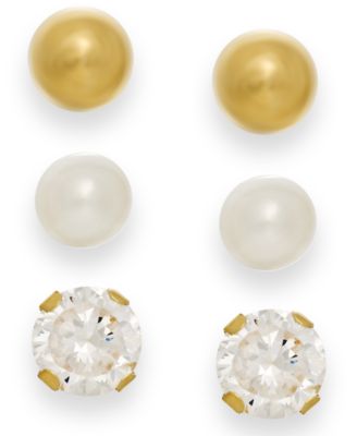 Macy's - Cultured Freshwater Pearl, Cubic Zirconia and Ball Stud Set in 10k Gold