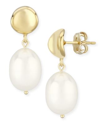 Macy's - Dapped Disk Pearl(10 x 8mm)  Drop Earrings Set in 14k Yellow Gold