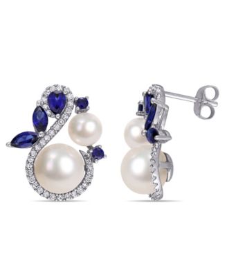 Macy's - Freshwater Cultured Pearl, Created Sapphire (1 1/10 ct. t.w.) and Diamond (1/3 ct. t.w.) Swan Earrings in 10k White Gold