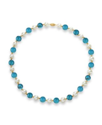 Macy's - White Freshwater Cultured Pearl (9-9.5mm) with Turquoise Howlite (10mm), and Gold Beads (3mm) 18" Necklace in 14k Yellow Gold