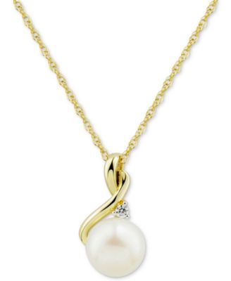 Macy's - Cultured Freshwater Pearl (8mm) & Diamond (1/10 ct. t.w.) 18" Pendant Necklace in 10k Gold