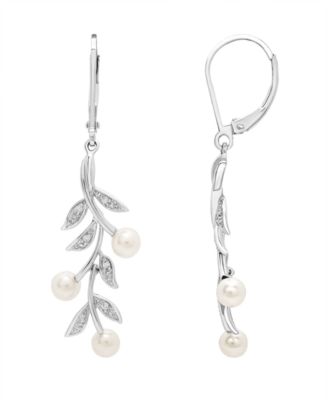 Macy's - Cultured Freshwater Pearl (4mm) and Diamond (1/20 ct. t.w.) Earrings in Sterling Silver