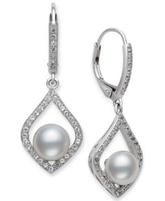 Belle de Mer - Cultured Freshwater Pearl (7mm) & Cubic Zirconia Drop Earrings in Sterling Silver