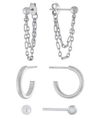 Macy's - 3pc Post Ball, Hoop and Chain Earring Set in Gold or Fine Silver Plated