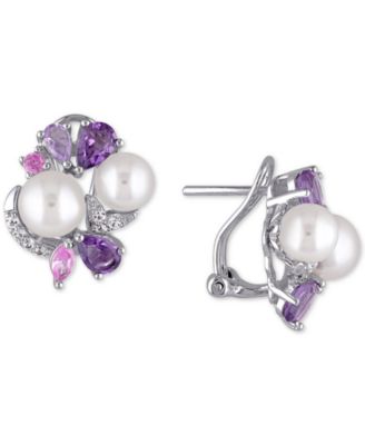 Macy's - Cultured Freshwater Pearl (6-1/2 & 7-1/2mm) & Multi-Gemstone (2-3/4 ct. t.w.) Cluster Stud Earrings in Sterling Silver