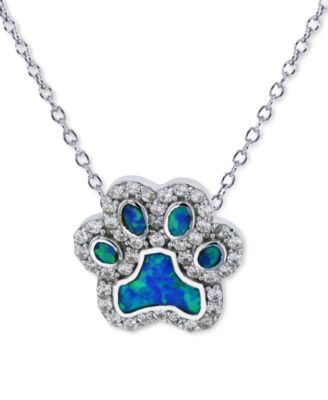 Macy's - Lab-Created Blue Opal & Cubic Zirconia Paw 18" Pendant Necklace in Sterling Silver