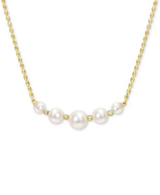 Macy's - Cultured Freshwater Pearl (4-1/2 - 8mm) & White Topaz (1/20 ct. t.w.) Graduated Curved Bar 18" Pendant Necklace in 18k Gold-Plated Sterling Silver