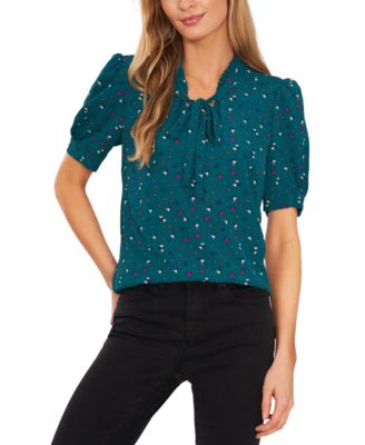 CeCe - Women's Floral-Print Puff-Sleeve Tie-Neck Top