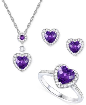 Macy's - 3-Pc. Set Amethyst (3-1/3 ct. t.w.) & Lab-Created White Sapphire (3/4 ct. t.w.) Heart Pendant Necklace, Ring, & Stud Earrings in Sterling Silver (Also in Additional Gemstones)