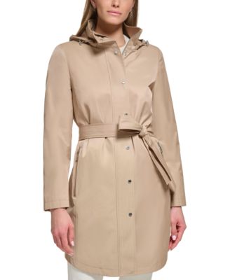 Calvin Klein - Women's Petite Zip-Front Hooded Belted Raincoat