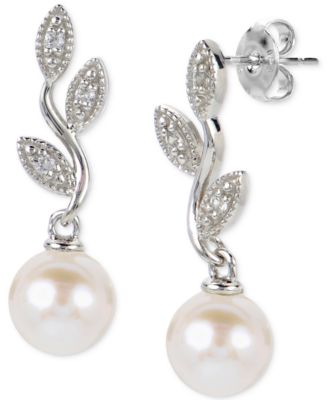 Macy's - Cultured Freshwater Pearl (6-1/2mm) & Lab-Created White Sapphire (1/10 ct. t.w.) Vine Drop Earrings in Sterling Silver