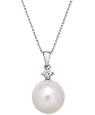 Macy's - Cultured White South Sea Pearl (12mm) and Diamond (1/10 ct. t.w.) Pendant Necklace