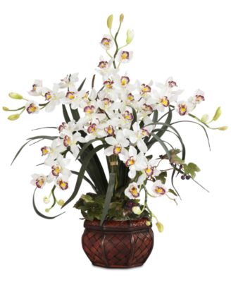 Nearly Natural - White Cymbidium Artificial Arrangement with Decorative Vase