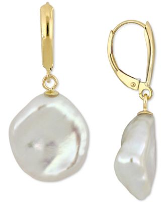 Macy's - Cultured Freshwater Coin Pearl (16mm) Leverback Drop Earrings in 14k Gold