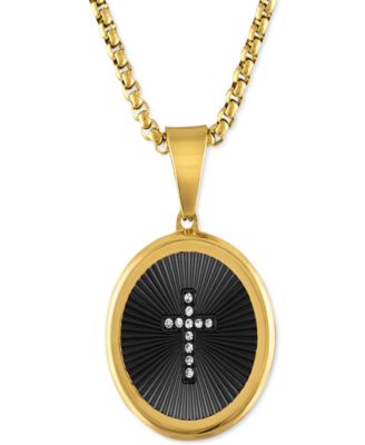 Macy's - Men's Diamond Cross Oval 22" Pendant Necklace in Black & Gold-Tone Ion-Plated Stainless Steel