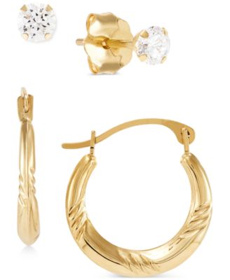 Macy's - 2-Pc. Set Cubic Zirconia Stud & Textured Hoop Earrings in 10k Gold