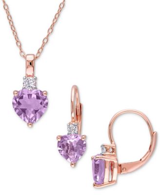 Macy's - 2-Pc. Set Pink Amethyst (3-1/2 ct. t.w.) & Lab-Created White Sapphire (1/3 ct. t.w.) Heart Pendant Necklace & Matching Leverback Drop Earrings in Rose-Plated Sterling Silver