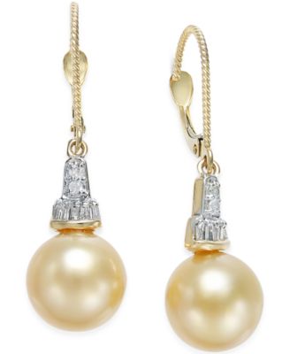Macy's - Cultured Golden South Sea Pearl (10mm) and Diamond (1/4 ct. t.w.) Drop Earrings in 14k Gold