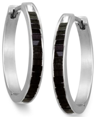 Macy's - Sterling Silver Earrings, Black Diamond Baguette Hoop Earrings (1 ct. t.w.)