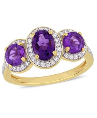 Macy's - Amethyst (1-5/8 ct.t.w.) and Diamond (1/3 ct.t.w.) 3-Stone Halo Ring in 18k Yellow Gold over Sterling Silver