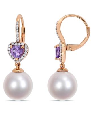 Macy's - Freshwater Cultured Pearl (11-12mm), Amethyst (4/5 ct. t.w.) and Diamond (1/5 ct. t.w.) Heart Drop Earrings in 10k Rose Gold