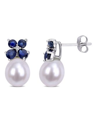 Macy's - Freshwater Cultured Pearl (8-8.5mm), Sapphire (1 1/4 ct. t.w.) and Diamond Accent Earrings in 10k White Gold