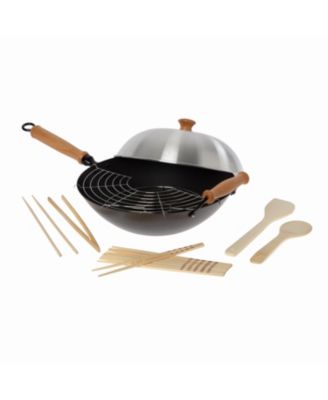 Honey Can Do - Joyce Chen Professional Series 14-Inch Carbon Steel Nonstick Wok Set with Lid and Maple Handles, 10 Pieces