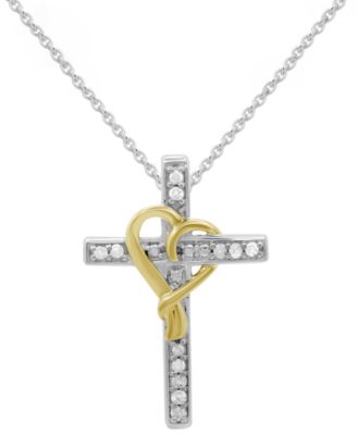 Macy's - Diamond Cross & Heart 18" Pendant Necklace (1/10 ct. t.w.) in Sterling Silver & 14k Gold-Plate