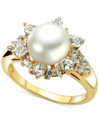 Macy's - Cultured Freshwater Pearl (8mm) & White Topaz (7/8 ct. t.w.) Ring in 14k Gold-Plated Sterling Silver